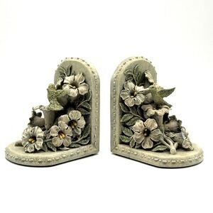 CBK Hummingbird Bookends Vintage Sage Green Floral Resin Pair